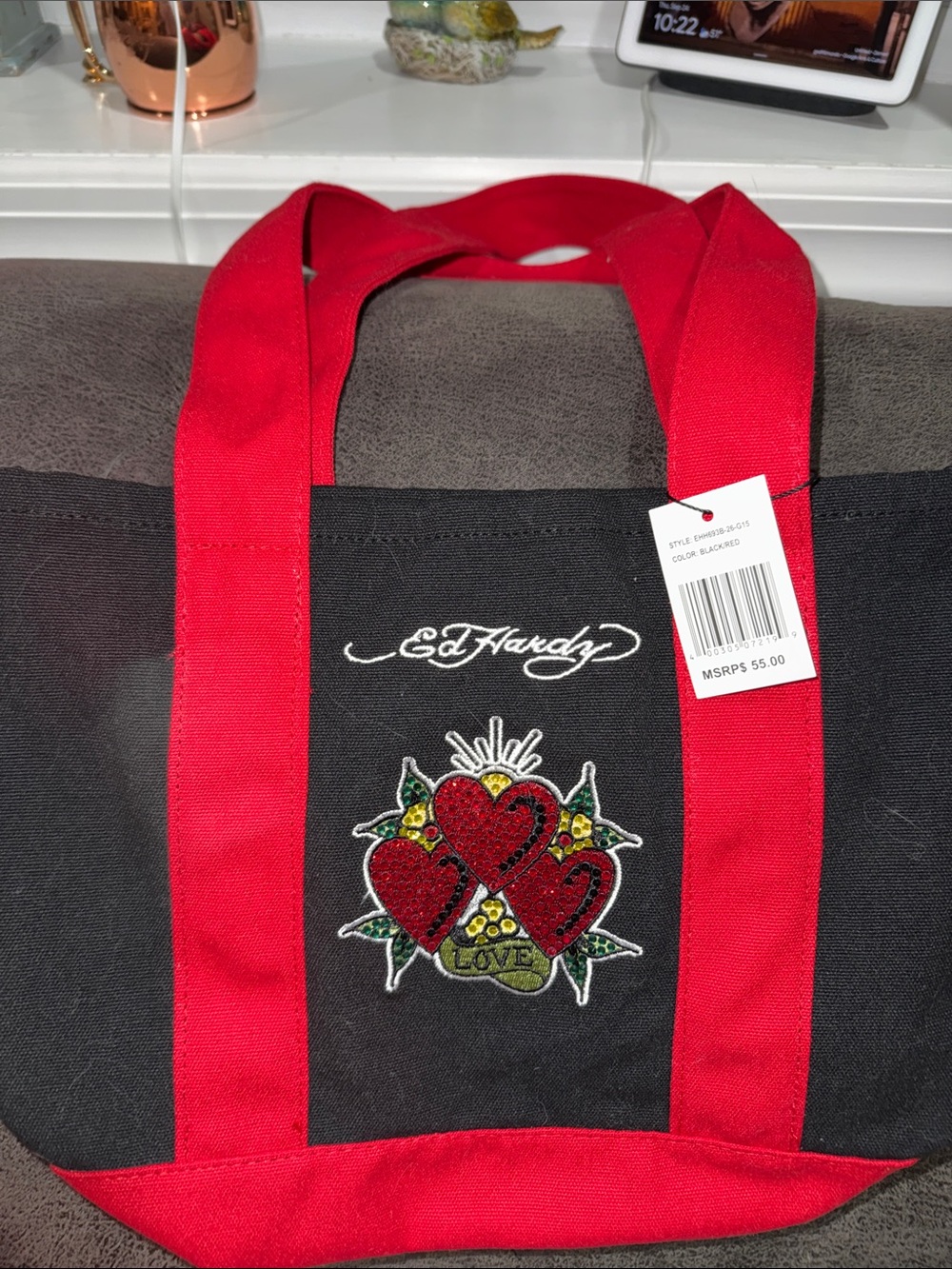 Ed Hardy Black and Red Canvas Tote with Heart Patch